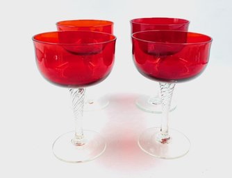 Vintage Set Of 4 Ruby Red Handblown Champagne Glasses