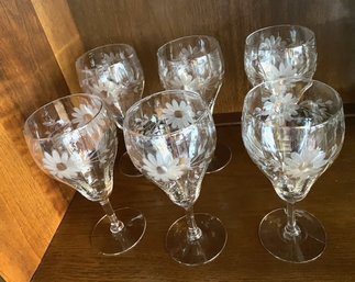 Set Of 6 Vintage Etched Floral Flared Wine Glasses