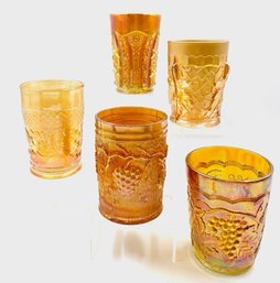 Collection Of 5 Orange/Marigold Carnival Glass Tumblers