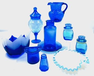 Collection Of Vintage Blue Glass Inc. Depression Glass, Salt & Pepper Shakers, & Handblown