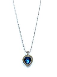 Gorgeous Silvertone Heart Pendant Necklace W/ Blue Stone