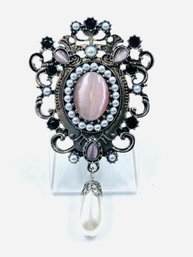 Victorian Style Silvertone Brooch W/ Pink Cabochon & Faux Pearl Drop