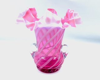 Vintage Fenton Hand-blown Spiral Optic Pink Opalescent Crimped Edge 2-handled Vase