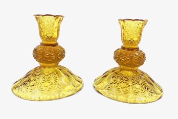 Vintage Daisy & Button Amber Candlestick Pair By Wright Glass