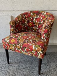 Vintage Deep Earthtone Red Floral Print Petite Barrel Chair