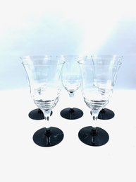 Set Of 5 Handblown Panel Optic Flared Stemware W/ Black Base