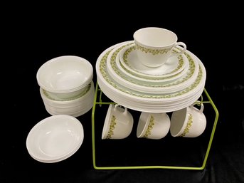 Vintage Corelle Livingware Green Daisy Dishware - 47 Pieces & Avocado Green Shelf Organizer