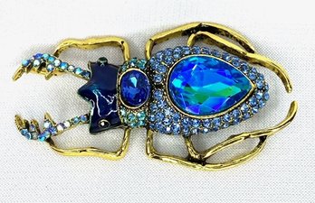 Goldtone & Blue Stoned Beetle Brooch