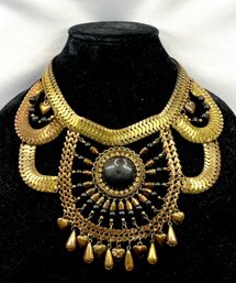 Dramatic Arching Bib Necklace W/ Black Stone Center