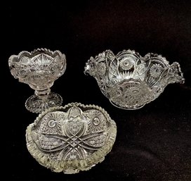 Trio Of Vintage Pressed Glass Pieces - 2 Signed