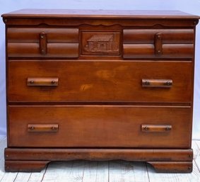 Vintage 4 Drawer Maple Dresser W/ Carved Log Cabin Center Panel