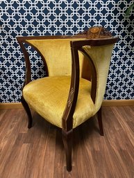 Antique Hand-carved Upholstered Barrel Chair W/ Mother Of Pearl Inlay