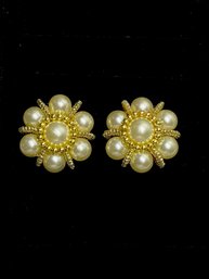 Fabulous Oversized Faux Pearl & Goldtone Button Clip Earrings