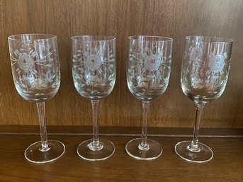 Set Of 4 Detailed Etched Floral Wine Glasses