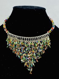 Colorful Metal & Beaded Fringe Bib Necklace