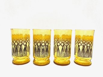 Set Of 4 Vintage Hand-blown Honey Amber Patterned Tumblers
