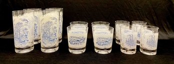 Vintage 12 Piece Set Of Blue Currier & Ives Glassware By Royal