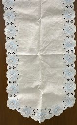 Vintage Off-white Table Runner W/ Blue Embroidered Floral Border