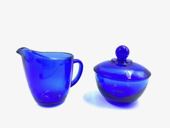 Vintage Cobalt Blue Glass Creamer & Sugar Bowl W/ Lid By Anchor Hocking