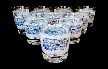 12 Vintage Mid Century Currier & Ives Single Pour Cocktail Glasses