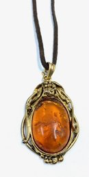 Coppertone Pendant W/ Faux Amber Cabochon On Leather Rope