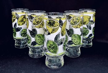 Set Of 5 Frosted Libbey Goblets W/ Lemon & Lime Motif