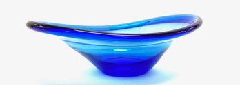 Sapphire Blue Hand-blown Amophic Console Bowl In The Style Of Holmegaard