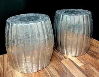 Pair Of Chic Embossed Metal Drum Tables/stools