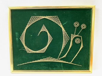 Vintage Signed Barry Kirschner 1976 Goldtone Snail String Art On Green Velvet