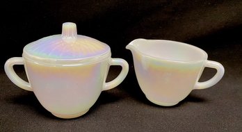 Vintage Iridescent Milk Glass Creamer & Sugar Bowl W/ Lid