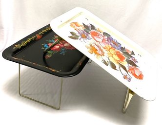 Pairing Of Hand-decorated Toile Style Collapsible Leg Serving Trays