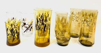 10 Assorted Vintage Glass Drinkware In Smoked Glasse - Wheat/plant Themes