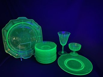 Grouping Of Vintage Vaseline Glass -19 Pieces