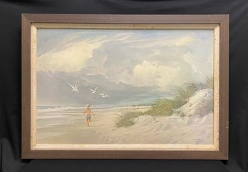 Vintage Framed & Signed Carolyn Bish Pastel Beach Print On Board Titled Carefree