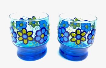 Pairing Of 2 Lagoon Blue Flower Power Low Tumblers/rocks Glasses