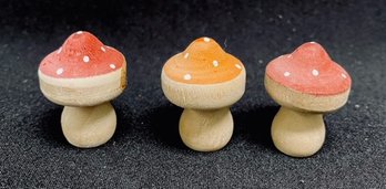 Trio Of Small Adorable Wooden Mushrooms