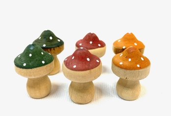 Set Of 6 Adorable Diminutive Decorative Wooden Mushrooms