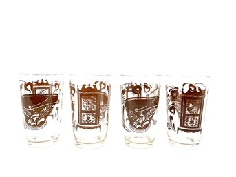 Set Of 4 Brown Swanky Swigs Juice Glasses Colonial Pattern