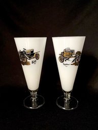 Pairing Of Vintage MCM White Glass Antique Auto Pilsner Glasses