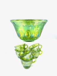 Vintage Green Carnival Glass Punch Set