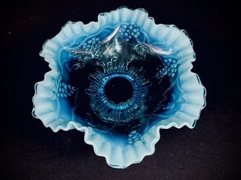 Vintage Blue Opalescent Crimped Edge Footed Bowl By Jefferson Glass