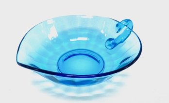 Vintage Panel Optic Leaf Form Nappy Bowl In Teal Glass