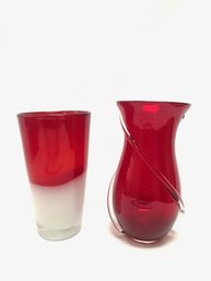 Pairing Of Contemporary Ruby Red Art Glass Vases