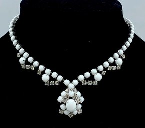 Exquisite Silvertone Milk Glass & Clear Stone Formal Necklace