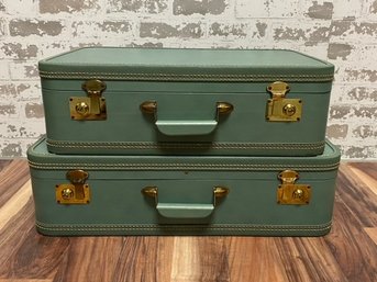 Pairing Of Fabulous Vintage 'dusty' Eucalyptus Hard Sided Suitcase