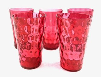 Set Of 5 Vintage Handblown Dot Optic Cranberry Glass Tumblers