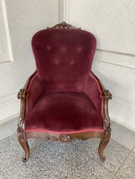 Antique Victorian Parlor Chair W/ Carved Detail & Burgundy Velour Upholstery