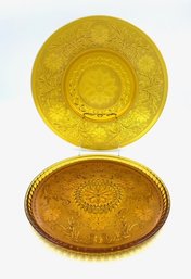 Pairing Of Vintage Amber Sandwich Glass Charge & Torte/cake Plate