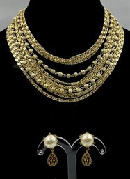 Ornate Vintage Goldtone Multi Strand Necklace & Complimentary Earrings