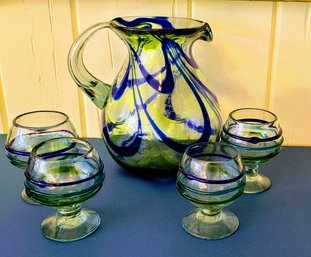 Swirled Multicolor Art Glass Pitcher And 4 Wine Glasses